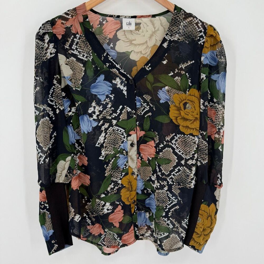 Cabi‎ Snake Charmer Floral Sheer Blouse Long Puff Sleeves Navy Women Small 3762